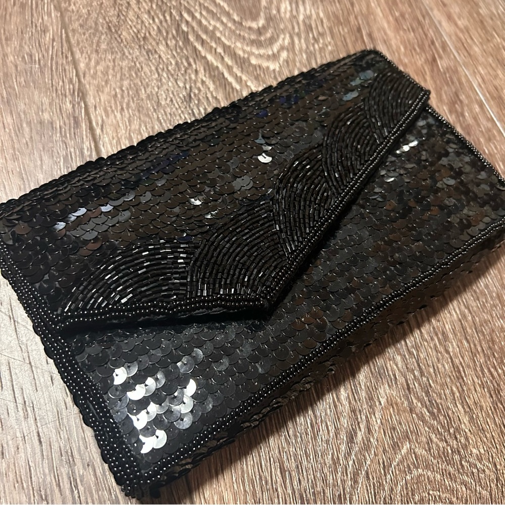 Vintage Black sequin and beaded clutch with optional shoulder strap